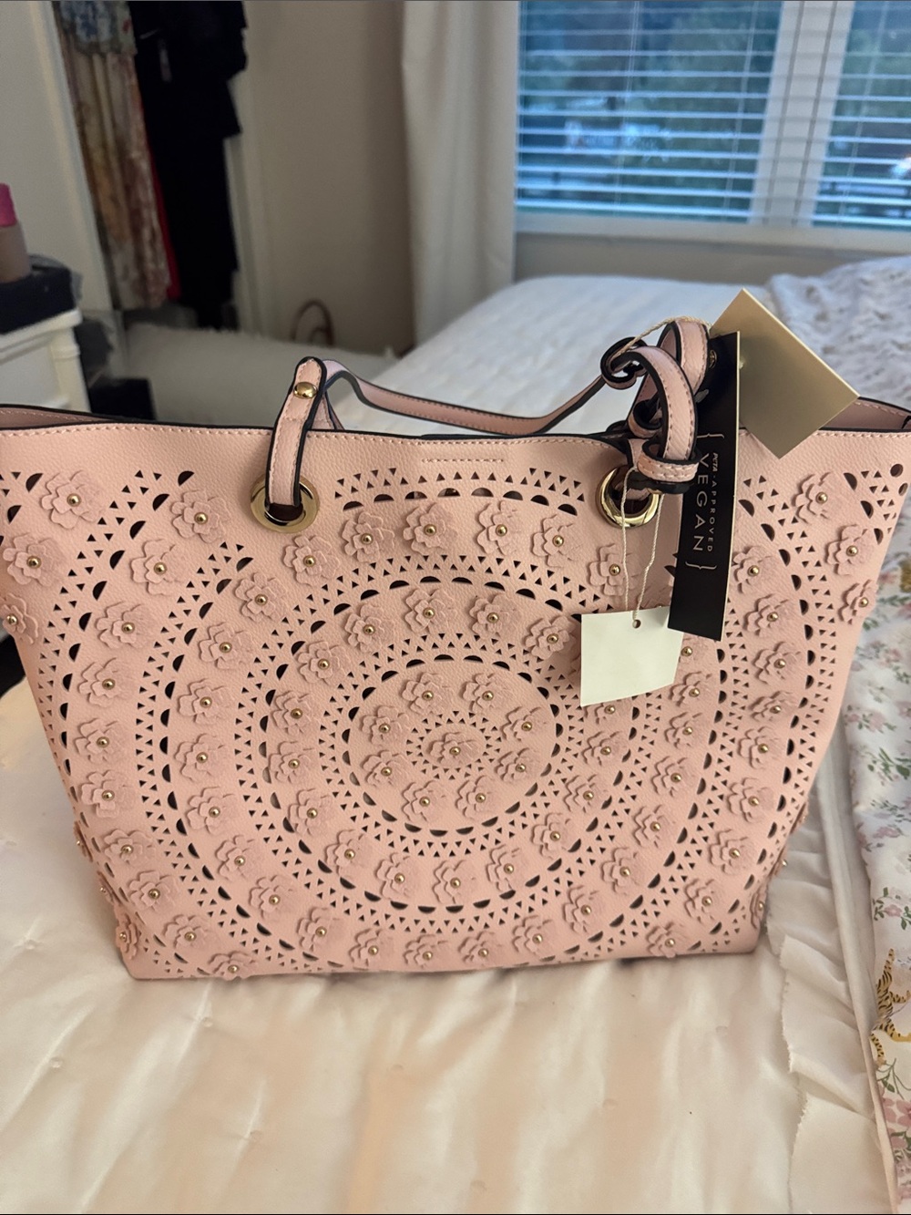 Vegan Leather Floral Cutout Tote - Blush Pink